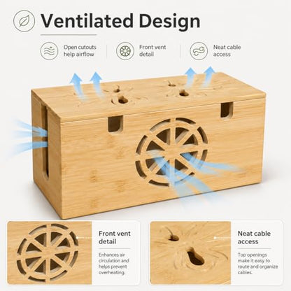 Bamboo Extra Large Cable Management Box, 15.7 x 6.7 x 6.7in | Cable Management Box - Large Bamboo Cord Organizer for Desk and Home Office - Power Strip Hider with Ventilation