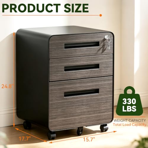 SAWJEC 3 Drawer Mobile File Cabinet with Lock, Fully Assembled, Black - color: 02l-black Brown