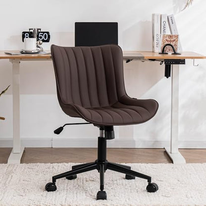 YOUNIKE Office Desk Chair with Wheels Armless Vanity Chair Modern Brown | Faux Leather Upholstered with Rocking Back, Swivel Height Adjustable Small Cute Computer Rolling Task Chair Ergonomic 300lb - color: Brown, size: Base Black
