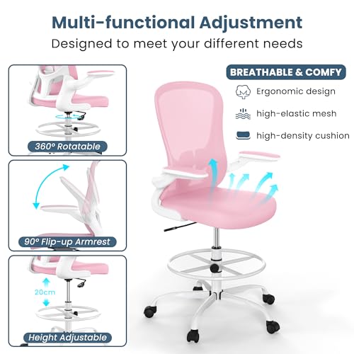Drafting Chair, Tall Office Chair with Flip-up Armrests Executive Ergonomic Computer Standing Desk Chair, Office Drafting Chair with Lumbar Support and Adjustable Footrest Ring - color: Pink&white