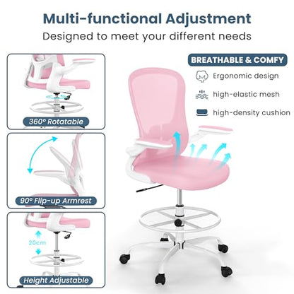 Drafting Chair, Tall Office Chair with Flip-up Armrests Executive Ergonomic Computer Standing Desk Chair, Office Drafting Chair with Lumbar Support and Adjustable Footrest Ring - color: Pink&white