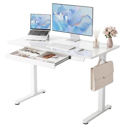 YDN Glass Standing Desk with Drawers 48x24 Inch Super White - color: Super White, size: 48 Inch