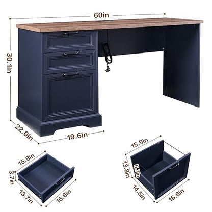 60" Farmhouse Executive Desk with Charging Station,Home Office Desk with 2 Drawers &1 File Cabinet,Wood Work Desk for Office and Home (Blue) - color: Blue