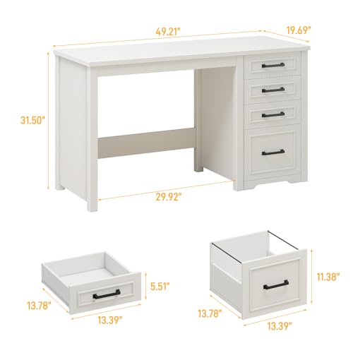 Vabches Farmhouse 49” Executive Desk with File Drawer, Cream White | 4 Drawers Reversible Computer Desk with Storage, Rustic Home Writing Workstation for Home Office - color: 49in Cream White