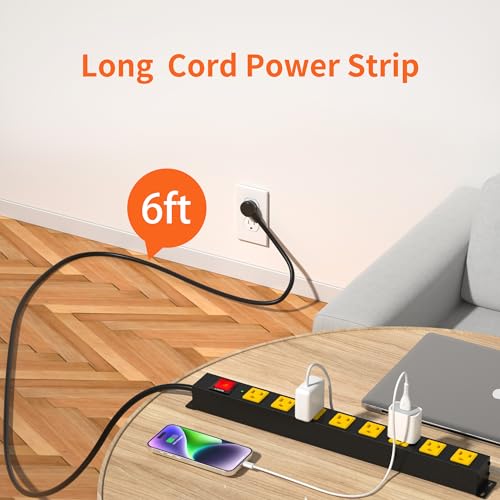 8 Outlet Metal Heavy Duty Long Power Strip, 2100J Surge Protector with 6 FT Extension Cord, Wide Spaced and Wall Mount Powerstrip for Home, Industrial, Workshop & Garage (2 Pack 6FT) - size: 2 PACK 6FT