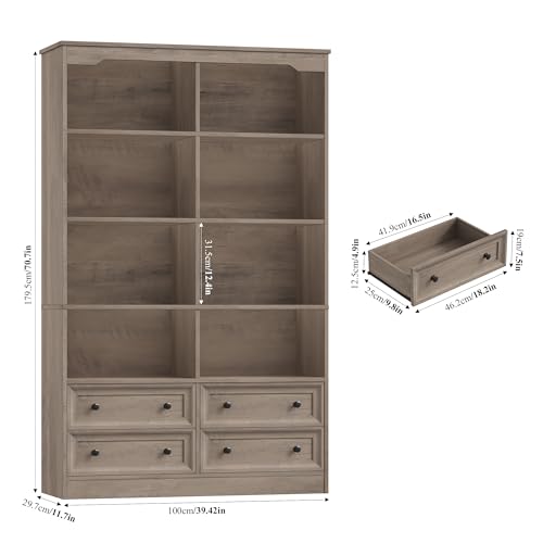 71" Tall Bookshelf with 4 Drawers Large Bookshelf Office Bookcase | 6-Tier Double Wide Bookshelves and Bookcases with Storage, Tall Bookshelf Standing Book Cabinet for Home Office, Ash Grey - color: Ash Grey