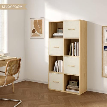 EXPERLAM 8 Cube Storage Organizer - Solid Wood Bookshelf with 4 Storage Bins, Cube Shelf with 2 Removable Back Panels, Vertical or Horizontal Bookcase, Open Book Shelf for Bedroom, Living Room, Office - size: 8 Cube Shelf