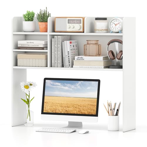 Tangkula Desktop Bookshelf for Computer Up to 32”, 37” Countertop Storage Hutch with 6 Storage Shelves, 3-Tier Desktop Organizer Display Rack, Wooden Desk Hutch for Dorm Home Office (White) - color: White, size: 6 Shelves