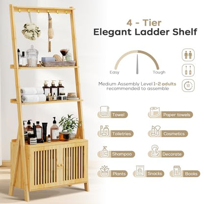 Bookshelf with Drawers, 4-Tier Bamboo Bookcase Ladder Shelf with 6 Hooks - color: 4-tier Natural