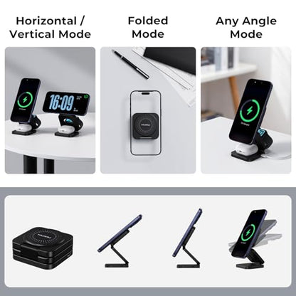 KU XIU X55 Turbo Qi 2.2 25W 3-in-1 Charging Station for Apple Device, Foldable Magnetic Charger for iPhone 17/16, 5W for Apple Watch & AirPods, Fast Travel Wireless Charging Stand with 45W Adapter - color: Black-B