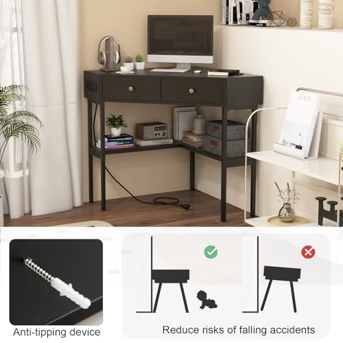 POWERSTONE Corner Desk with Charging Station & 2 Drawers, Space-Saving Makeup Vanity Triangle Computer Desk Workstation with Storage Shelves for Bedroom, Study Black