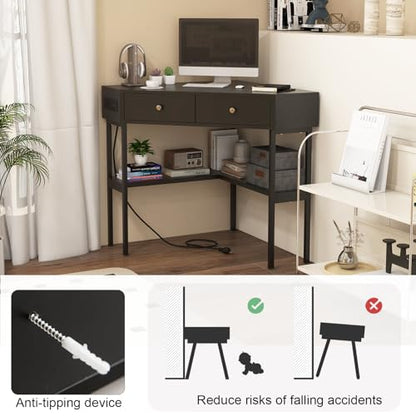 POWERSTONE Corner Desk with Charging Station & 2 Drawers, Space-Saving Makeup Vanity Triangle Computer Desk Workstation with Storage Shelves for Bedroom, Study Black