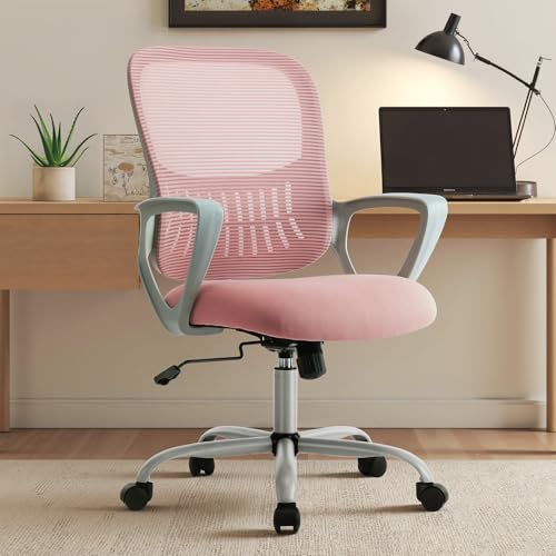 Sweetcrispy Home Office Chair, Mesh Office Chair, Lumbar Support | Adjustable Height, 360° Swivel Wheels, Mid-Back, Comfy Arms for Small Space, Bedroom, Study, Managerial Executive - color: Pink, size: 18.5"D&Fixed Arm-Plus