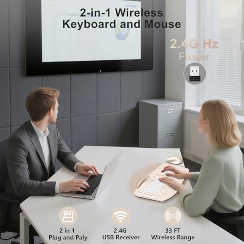 Wireless Keyboard and Mouse Combo, Ergonomic Wave Keys(Milk Tea-B) - color: Milk Tea-B