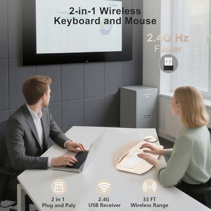 Wireless Keyboard and Mouse Combo, Ergonomic Wave Keys(Milk Tea-B) - color: Milk Tea-B