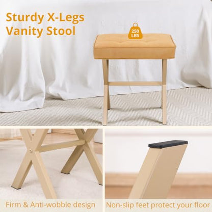 LUE BONA Vanity Stool, Square Linen Makeup Stool with Metal X Legs, Small Ottoman Stool Chair for Vanity, Modern Padded Vanity Seat Foot Rest Stool for Makeup Room, Bathroom, Honey Brown Color - color: Honey Brown