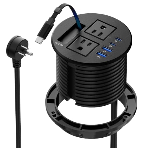 3 1/4" Desk Power Grommet with USB C Retractable Cable, PD 35W Fast Charging, 18W USB A, 2 AC Outlets, Flush Mount Recessed Power Strip for Desktop, Office Tables, Furniture, 6FT Cord