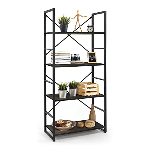 CAPHAUS 4 Tier Bookshelf, 24 Inch Width Free Standing Shelf, Bookcase Shelf Storage Organizer, Industrial Book Shelves for Home Office, Living Room, Kitchen, Black Vintage Shelves & Metal Frame - color: Black, size: 4-Tier