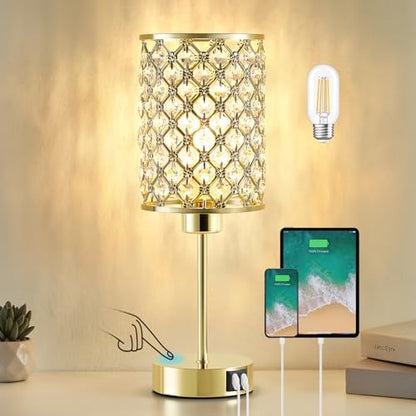 Crystal Table Lamp, Gold Touch Lamp with USB C+A Port, 3-Way Dimmable - color: Gold, size: 14.75"