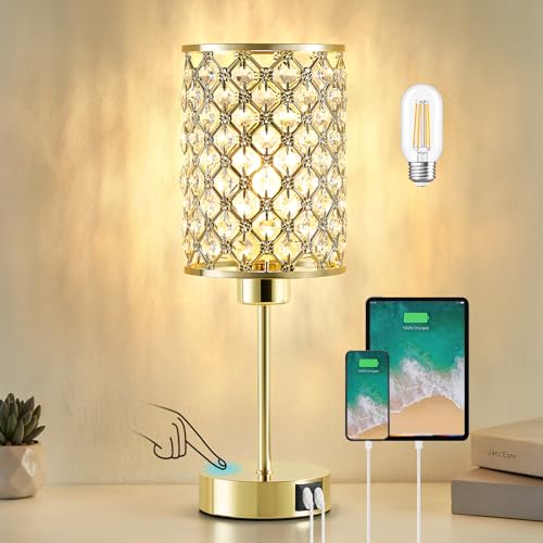 Crystal Table Lamp, Gold Touch Lamp with USB C+A Port, 3-Way Dimmable - color: Gold, size: 14.75"