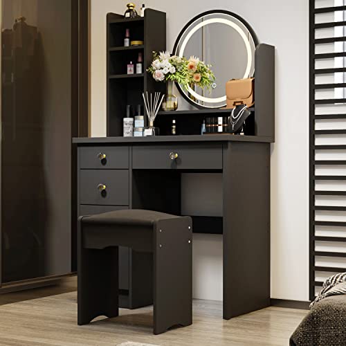 ECACAD Vanity Desk Set with LED Lighted Round Mirror, Makeup Dressing Table with 5 Drawers, Storage Shelves & Cushioned Stool for Bedroom, Black - style: Black-With Light