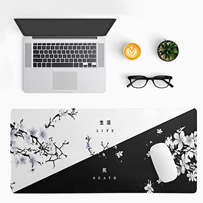 Black and White Japanese Cherry Blossom Gaming Mouse Pad Sakura Death Life Flower Mat 31.5x11.8 Inch Texture Non-Slip Rubber Base Mousepad Stitched Edges Keyboard Desk Pad for Office Home Game - color: Black and White Cherry Blossom