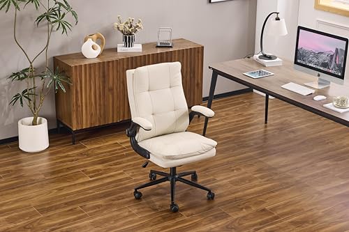 VINGLI Comfy Beige Leather Office Desk Chair, High-Back Support Ergonomic Computer Task Gaming Chair,with Removable wheels,360° Swivel,Adjustable Height,Flip-Up Arms,for Adults,Teen,Vanity,Home Office - color: Light Khaki-cat Scratch Pu