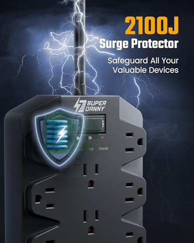 SUPERDANNY 18 AC Power Strip Surge Protector, 15FT, Flat Plug, 1875W/15A - color: Black, size: 15 FT