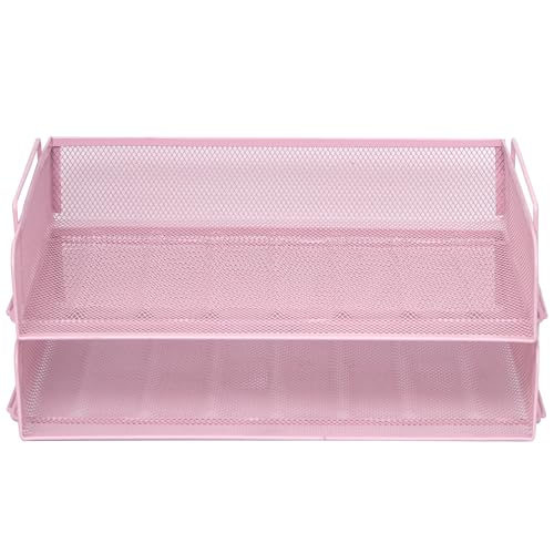 2 Pack Stackable Desk Paper Tray, Metal Mesh Desktop Document Letter File Organizer for Office Home School, 13.5'' L x 9.75'' W x 5.5'' H, Pink - color: 2 Pack Pink