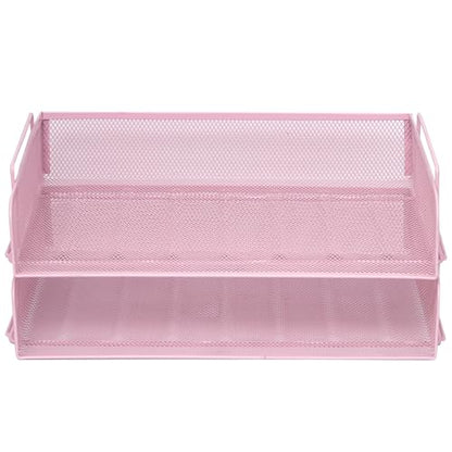 2 Pack Stackable Desk Paper Tray, Metal Mesh Desktop Document Letter File Organizer for Office Home School, 13.5'' L x 9.75'' W x 5.5'' H, Pink - color: 2 Pack Pink
