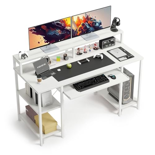 VERMESS 48 Inch Computer Desk, Home Office White With Keyboard Tray, Gaming With Full Monitor Stand, Storage Shelves & CPU Stand, Modern Study Writing Table Studio Work With Shelf - color: Pure White