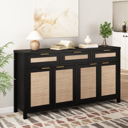 HOKYHOKY 63" Rattan Sideboard Buffet Cabinet, Boho Storage Cabinet - color: Rustic Black, size: 63-Inch