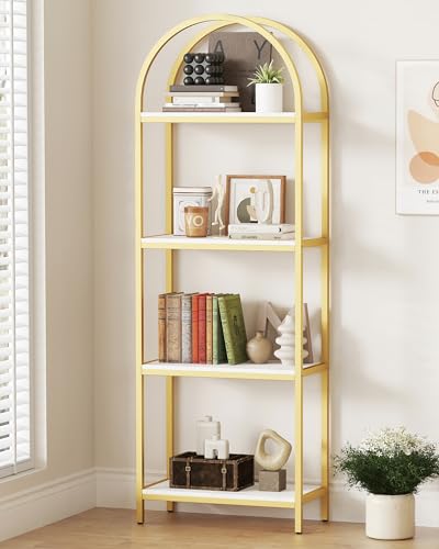 Yusong Bookshelf 4 Tier Arched Bookcase, 71.3" Tall Industrial Open Book Shelves for Living Room, Modern Freestanding Display Shelving Storage Rack Metal Frame, Office, Bedroom,Gold White - color: Gold, size: 4 Tier Non-LED Arched