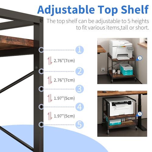 Under Desk Printer Stand with Power Outlet, Adjustable Shelf,Rustic Brown - color: Rustic Brown