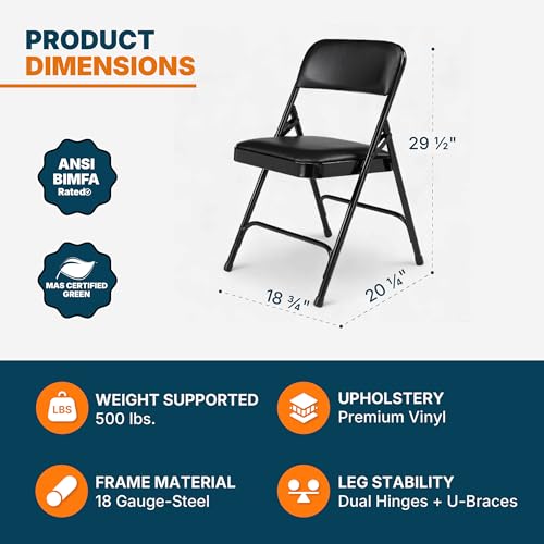 OEF Furnishings OEF1210 Vinyl Cushioned Folding Chairs with Steel Frame, Black, 4-Pack - color: Black