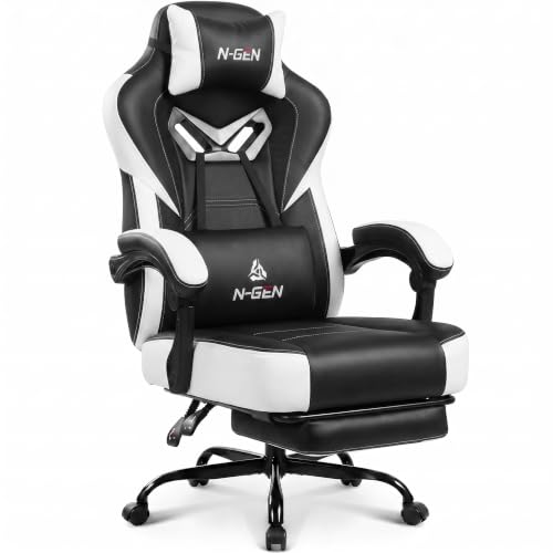 N-GEN GAMING Gaming Chair Big and Tall Computer Heavy Duty Office Desk Chair with Footrest Ergonomic Lumbar Support High Back Recliner for Adults (White) - color: White