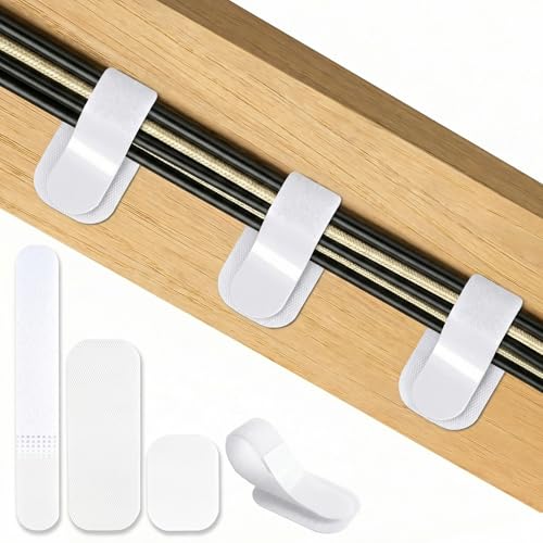 Under Desk Cable Management, Self-Adhesive Hook and Loop Straps, Adjustable Reusable Wire Organizer for Home Office Essentials (20 Pairs) - color: White