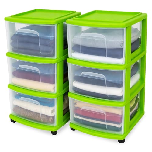 HOMZ Drawer Tower, 3-Tier Storage Cart with Removable Wheels, Lime, 2 Pack - color: Bold Lime, size: 2 Pack