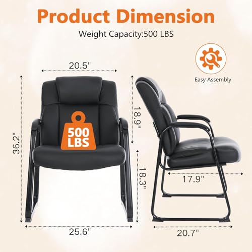 CLATINA Big and Tall Office Chair Set of 6 500lbs Leather Reception Chair with Bonded Padded Armrest Wide Seat Sled Base Desk Chair No Wheels for Reception Conference Waiting Room Side Office, Black - color: Black Sled Base, size: 6 Pack