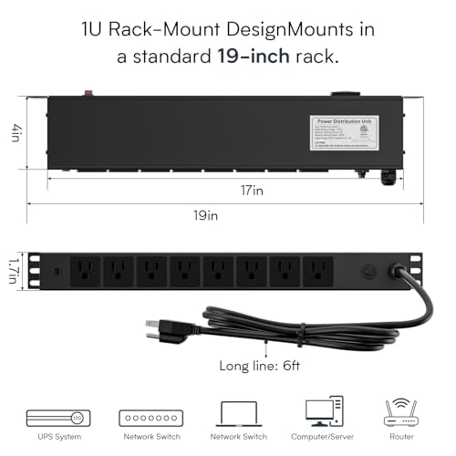 8 Outlet Horizontal 1U Rack Mount PDU Power Strip with Surge Protector - 110V/15A - 6ft Power Cord for Network Server Racks (PDU-03)