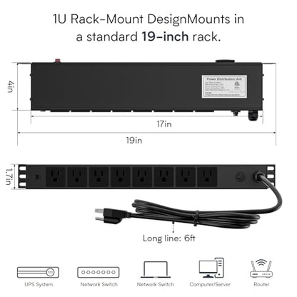 8 Outlet Horizontal 1U Rack Mount PDU Power Strip with Surge Protector - 110V/15A - 6ft Power Cord for Network Server Racks (PDU-03)