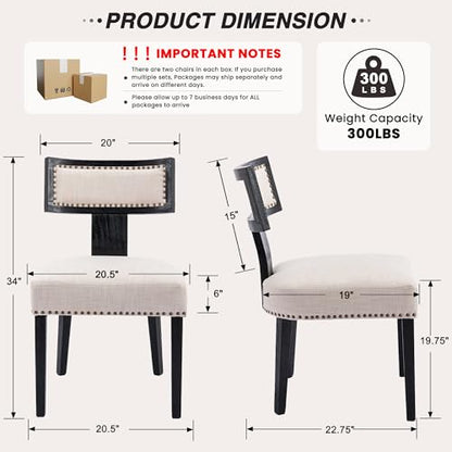 HNY Mid Century Modern Dining Chairs Set of 2, Farmhouse Linen Fabric Upholstered Accent Chairs Curved Nailhead Trim Backrest Kitchen Chairs, with Black Hardwood Frame, Beige - color: Nailhead Beige