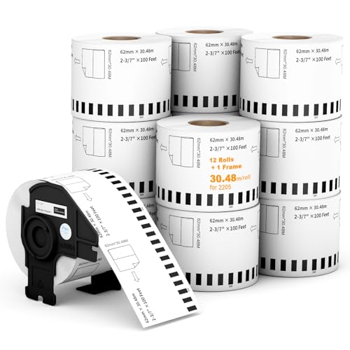 (12 Rolls + 1 Frame,30.48m Per Roll 3-Proof) Labelebal Dk 2-3/7" x 100' Direct Thermal Continuous Length Labels Replacement for DK-2205 Shipping Mailing Postage Compatible for Brother QL Printer - color: Dk-2205-12 Rolls