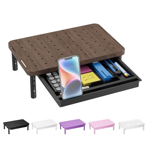 WALI Plastic Computer Monitor Stand with Storage, Adjustable Laptop Riser | Laptop Riser with Airflow Vents, Desk Organizer for Computer, Printer, Notebook (PTT002-C), 1 Pack, Brown - color: Brown, size: 14.6"L * 9.3"W,11" 1 Drawer
