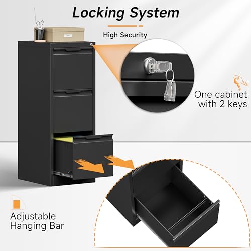 Bestoo File Cabinet, 3 Drawer Filing Cabinet with Lock, Metal File Cabinet - color: Black, size: 3Drawer-Vertical-38.3"H
