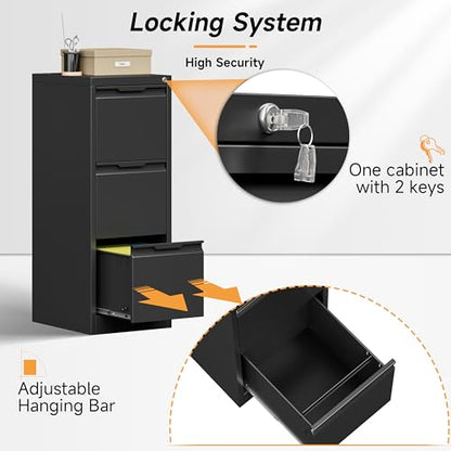 Bestoo File Cabinet, 3 Drawer Filing Cabinet with Lock, Metal File Cabinet - color: Black, size: 3Drawer-Vertical-38.3"H