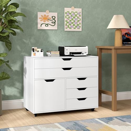 Rolling 5-Drawer File Cabinet, Mobile Printer Stand (White) | Modern Lateral Filing Cabinet | 5 Universal Wheels | For Living Room, Study, Home Office - color: White