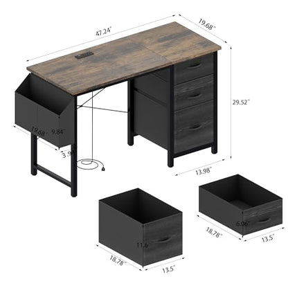 47.3" Office Desk with Power Outlet & 3 Drawers - Sturdy Reversible Frame, Side Pocket, Easy Assembly - Home/Office Computer Desk, Gaming Table, Vanity Table (Rustic Brown + MDF+Metal + Modern) - color: Rustic Brown + Mdf+metal + Modern
