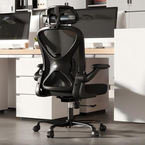 Ergonomic Office Chair with Adjustable Lumbar Support and Headrest, 300 lbs Swivel Desk Chair with Flip-Up Arms, Mesh Comfy Padded Seat for Computer and Home, Black - color: Black-with Headrest