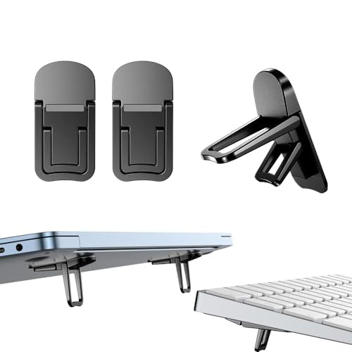 2PCS Zinc Alloy Mini Foldable Laptop Stand, Portable Computer Keyboard Riser with 2 Adjustable Angles, Self-Adhesive Invisible Notebook Stand and Keyboard Lift for Desk (Black)
